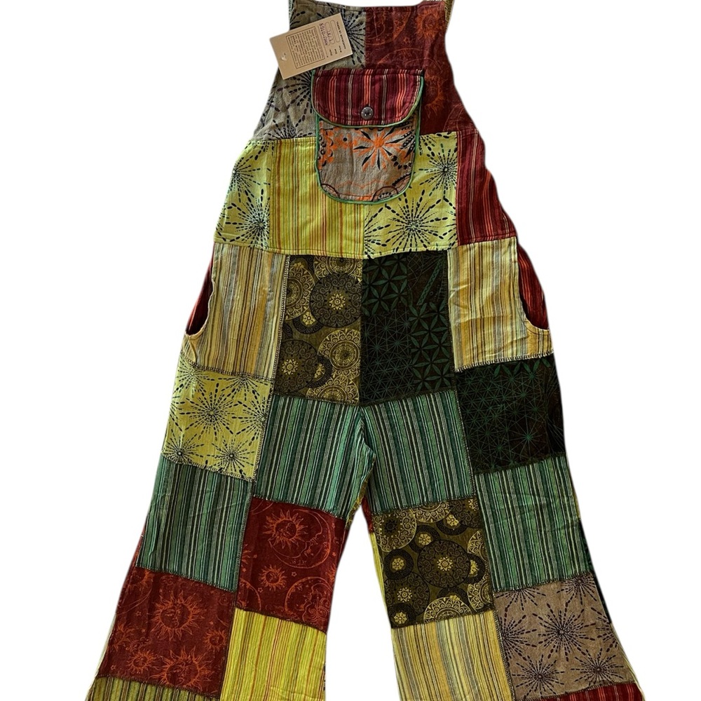 Boho Patchwork Wide-Leg Overalls – Multicolor Handmade Look! M-L size